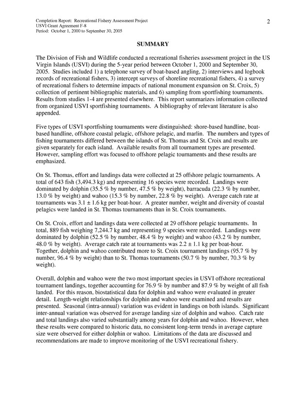 Survey of fishing tournaments in the U.S. Virgin Islands, October 1, 2000 to September 30, 2005 - Page 2