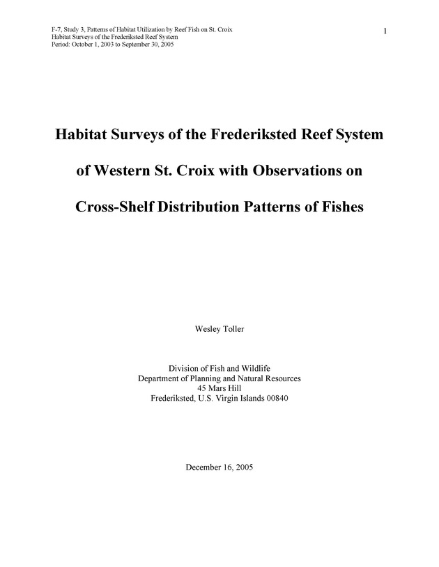 Habitat surveys of the Frederiksted reef system of western St. Croix with observations on cross-shelf distribution patterns of fishes - Page 1