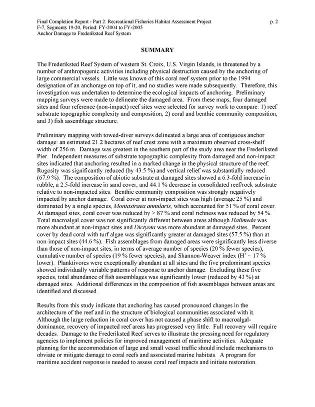 An investigation of anchor damage to the Frederiksted reef system : impacts to substrate, benthic communities, and reef fish assemblages - Page 2