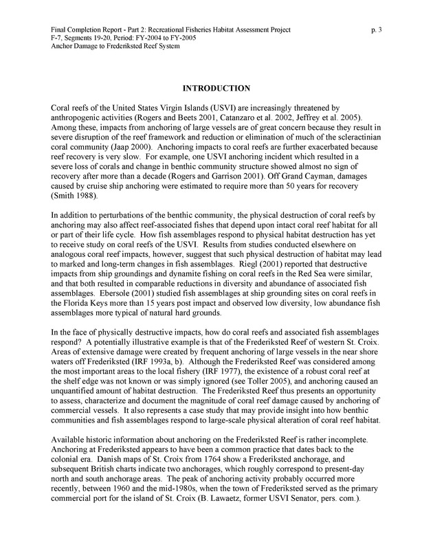 An investigation of anchor damage to the Frederiksted reef system : impacts to substrate, benthic communities, and reef fish assemblages - Page 3