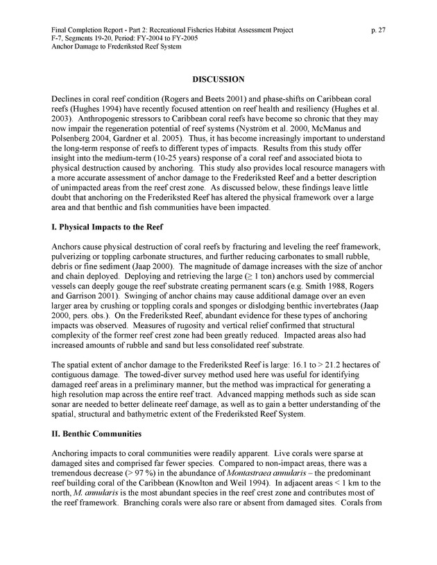 An investigation of anchor damage to the Frederiksted reef system : impacts to substrate, benthic communities, and reef fish assemblages - Page 27