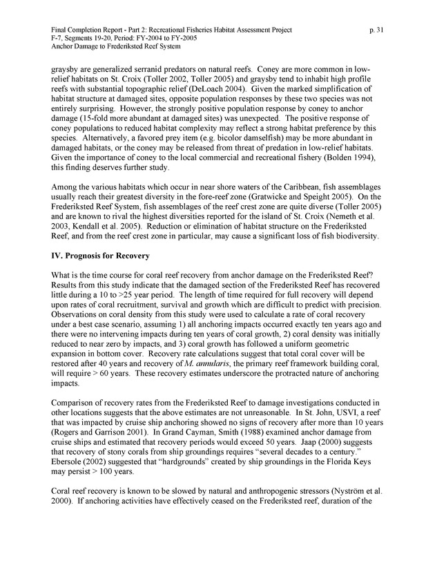 An investigation of anchor damage to the Frederiksted reef system : impacts to substrate, benthic communities, and reef fish assemblages - Page 31