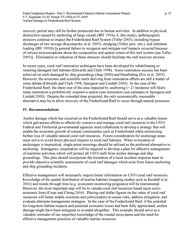 An investigation of anchor damage to the Frederiksted reef system : impacts to substrate, benthic communities, and reef fish assemblages - Page 32