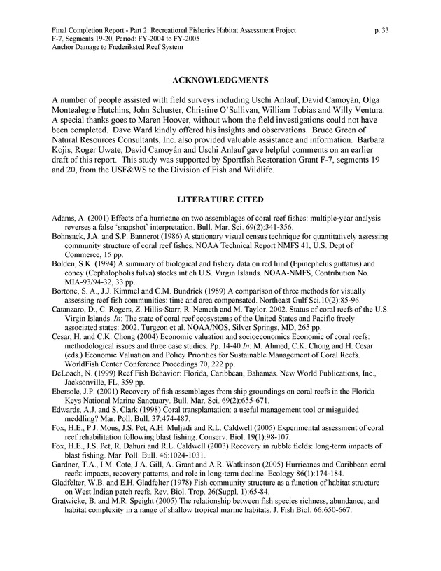 An investigation of anchor damage to the Frederiksted reef system : impacts to substrate, benthic communities, and reef fish assemblages - Page 33