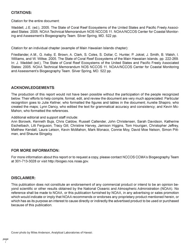 The state of coral reef ecosystems of the United States and Pacific freely associated states : 2005 - Page i