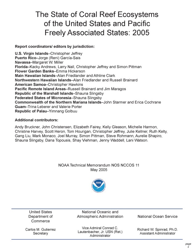 The state of coral reef ecosystems of the United States and Pacific freely associated states : 2005 - Page ii