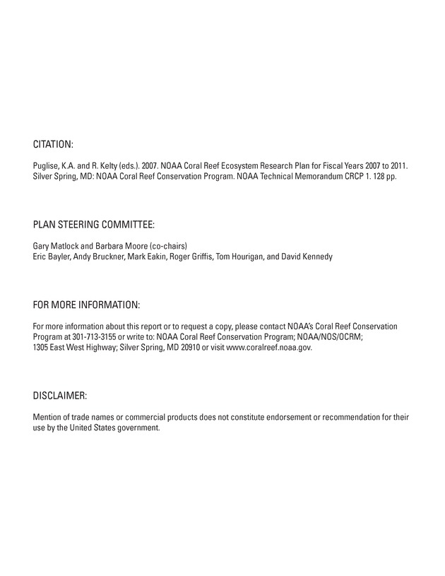 Coral reef ecosystem research plan for fiscal years 2007-2011 - Page i