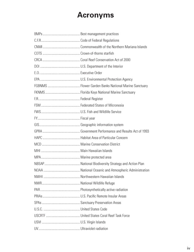 Coral reef ecosystem research plan for fiscal years 2007-2011 - Page iv