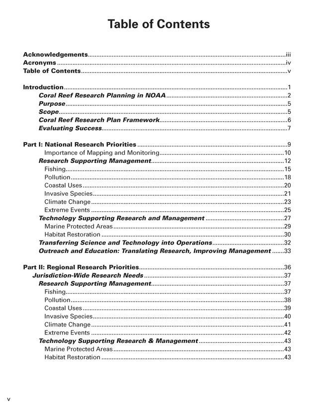 Coral reef ecosystem research plan for fiscal years 2007-2011 - Page v