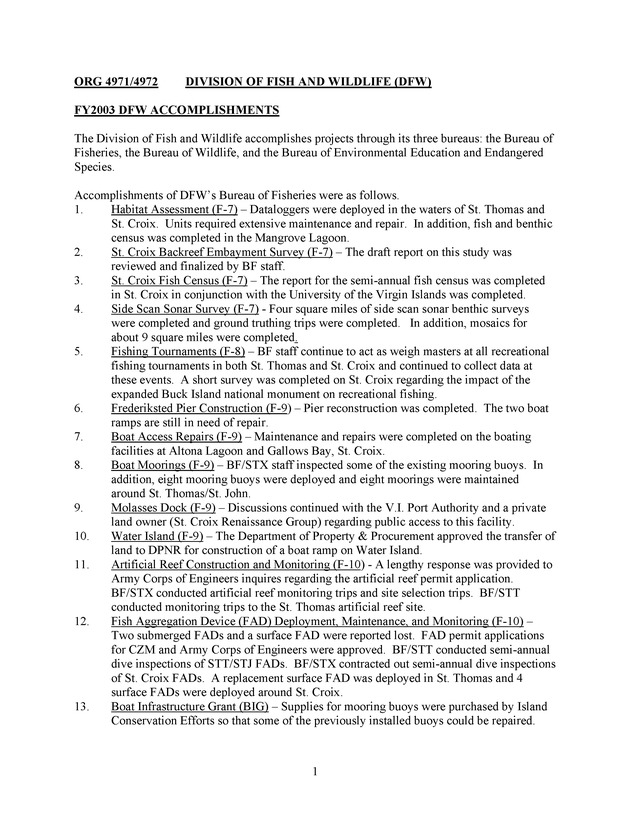 DIVISION OF FISH AND WILDLIFE ; FY2003 DFW ACCOMPLISHMENTS - Page 1