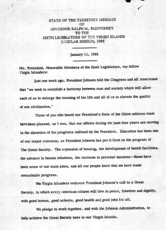 State of the Territory message of Governor ... to the ... Legislature of the Virgin Islands - Page 1