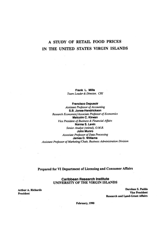 A study of retail food prices in the United States Virgin Islands - Title Page