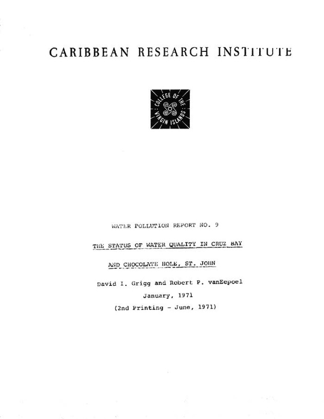 The status of water quality in Cruz Bay and Chocolate Hole, St. John - Front Cover