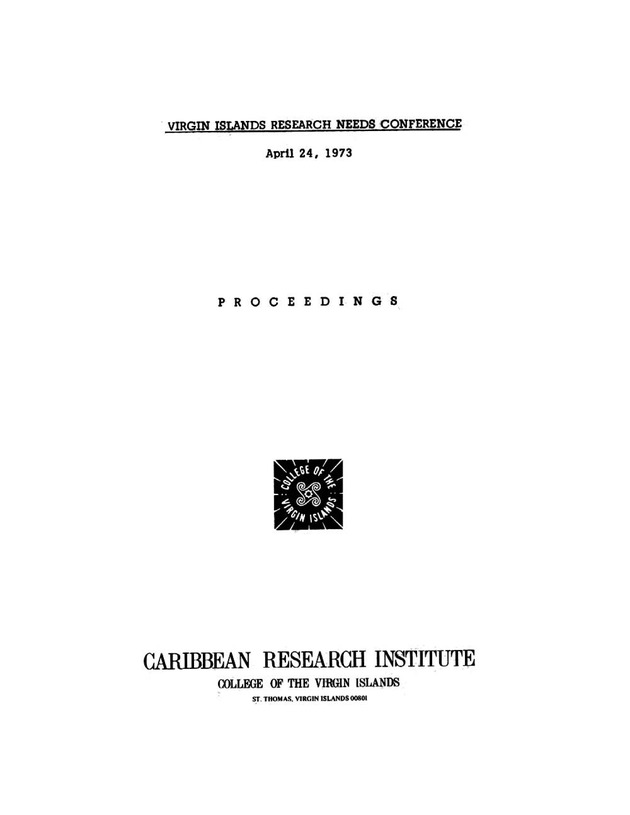 Virgin Islands research needs conference, 24 April 1973 proceedings - Front Cover