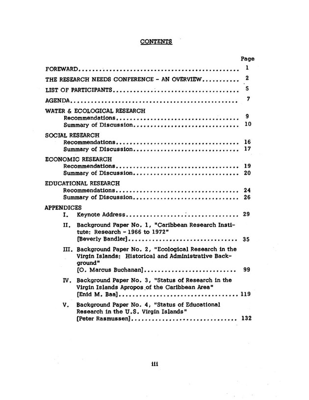 Virgin Islands research needs conference, 24 April 1973 proceedings - Page iii