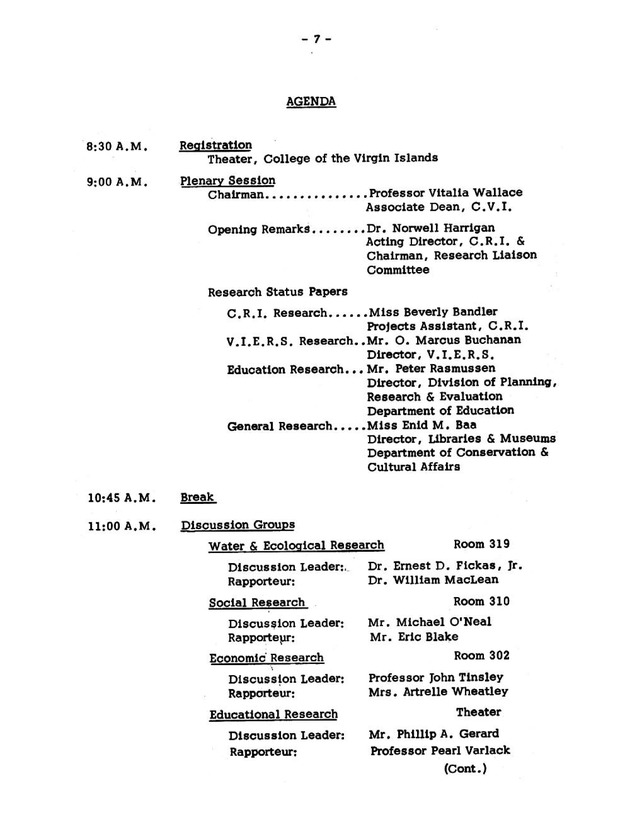 Virgin Islands research needs conference, 24 April 1973 proceedings - Page 7