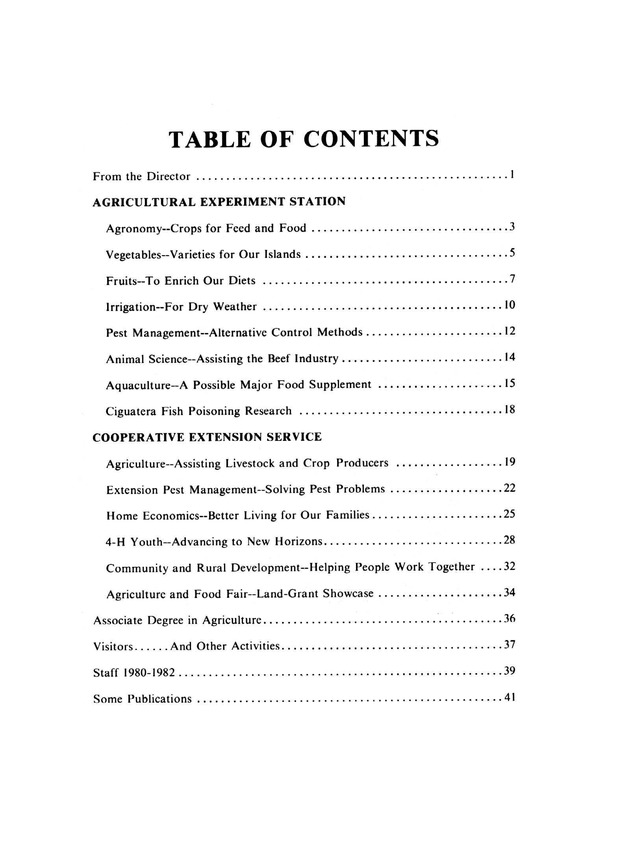 Report: Agricultural Experiment Station--Cooperative Extension Service 1981-1982 - Table of Contents