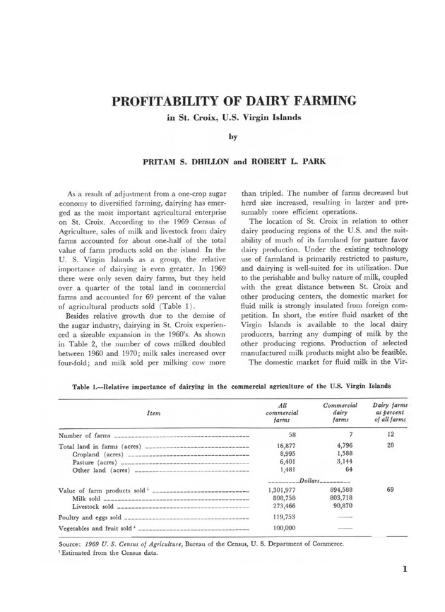 Profitability of dairy farming in St. Croix, U.S. Virgin Islands - Page 1