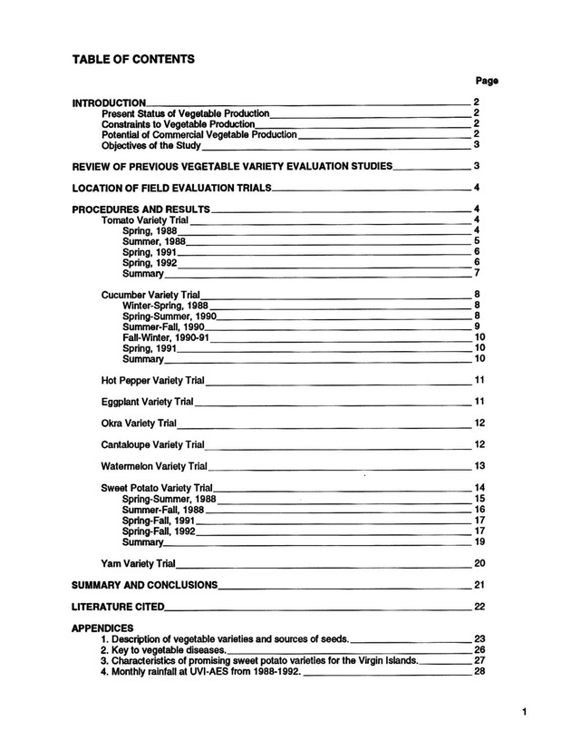 Yield performance of selected vegetable varieties in the U.S. Virgin Islands, 1988-1992 - Page 1