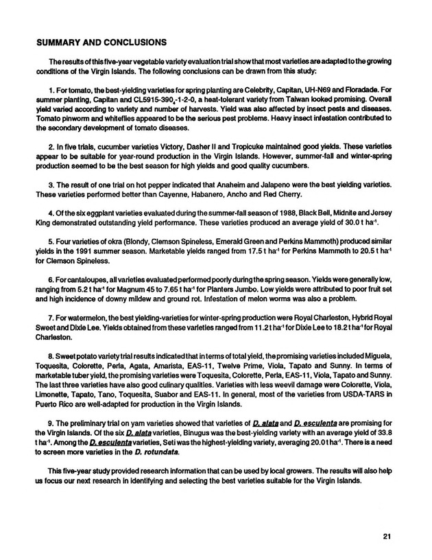 Yield performance of selected vegetable varieties in the U.S. Virgin Islands, 1988-1992 - Page 21