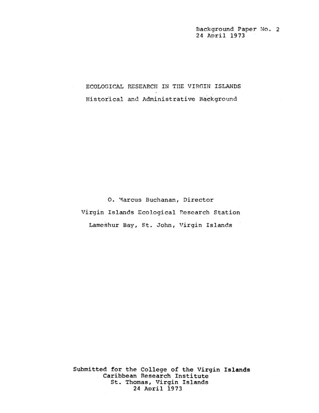 Ecological research in the Virgin Islands, historical and administrative background - Title Page