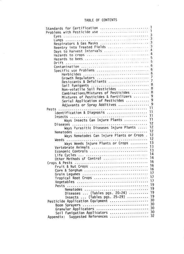 Commercial pesticides applicator manual - Table of Contents