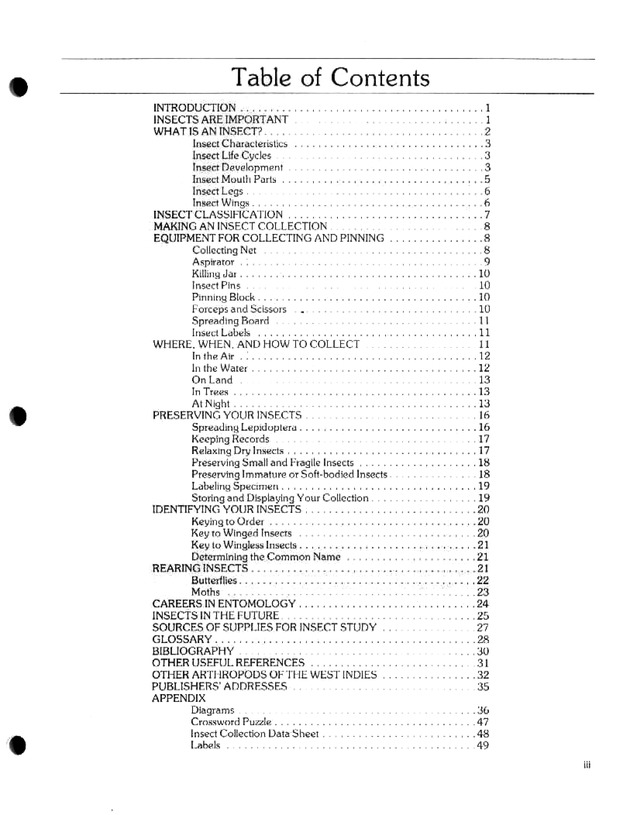 Island insects: Handbook for insect study - Table of Contents 1