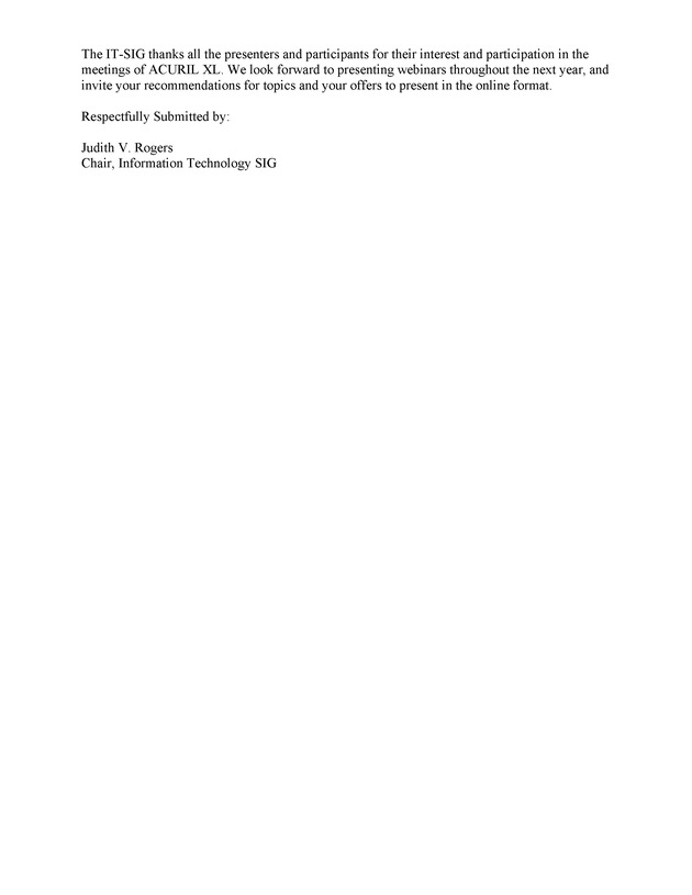 Report of the Information & Technology (IT), Academic Libraries, & Special Libraries ; Special Interest Groups (SIG) ; ACURIL XL – June 6-12, 2009, Santo Domingo, DR - Page 2