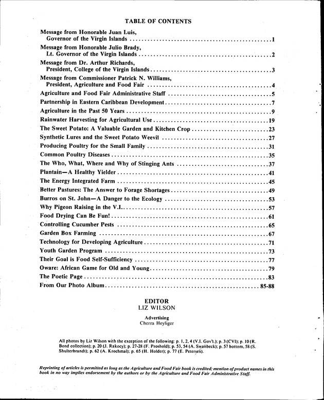 Annual Agriculture and Food Fair of the Virgin Islands - Table of Contents